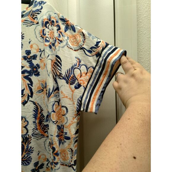 Chico's Size XL (3) Peach Blue Floral Striped Bateau Boat Neck Slub Cotton Tee - Picture 5 of 9